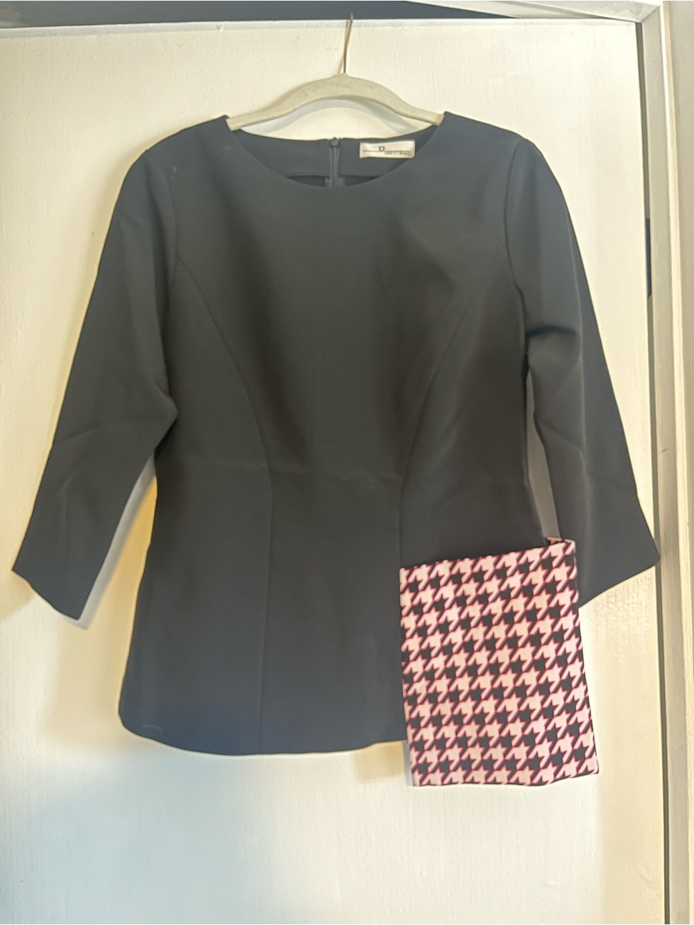 Black 3/4 Sleeve Tailored Top with Pink Houndstooth Accent